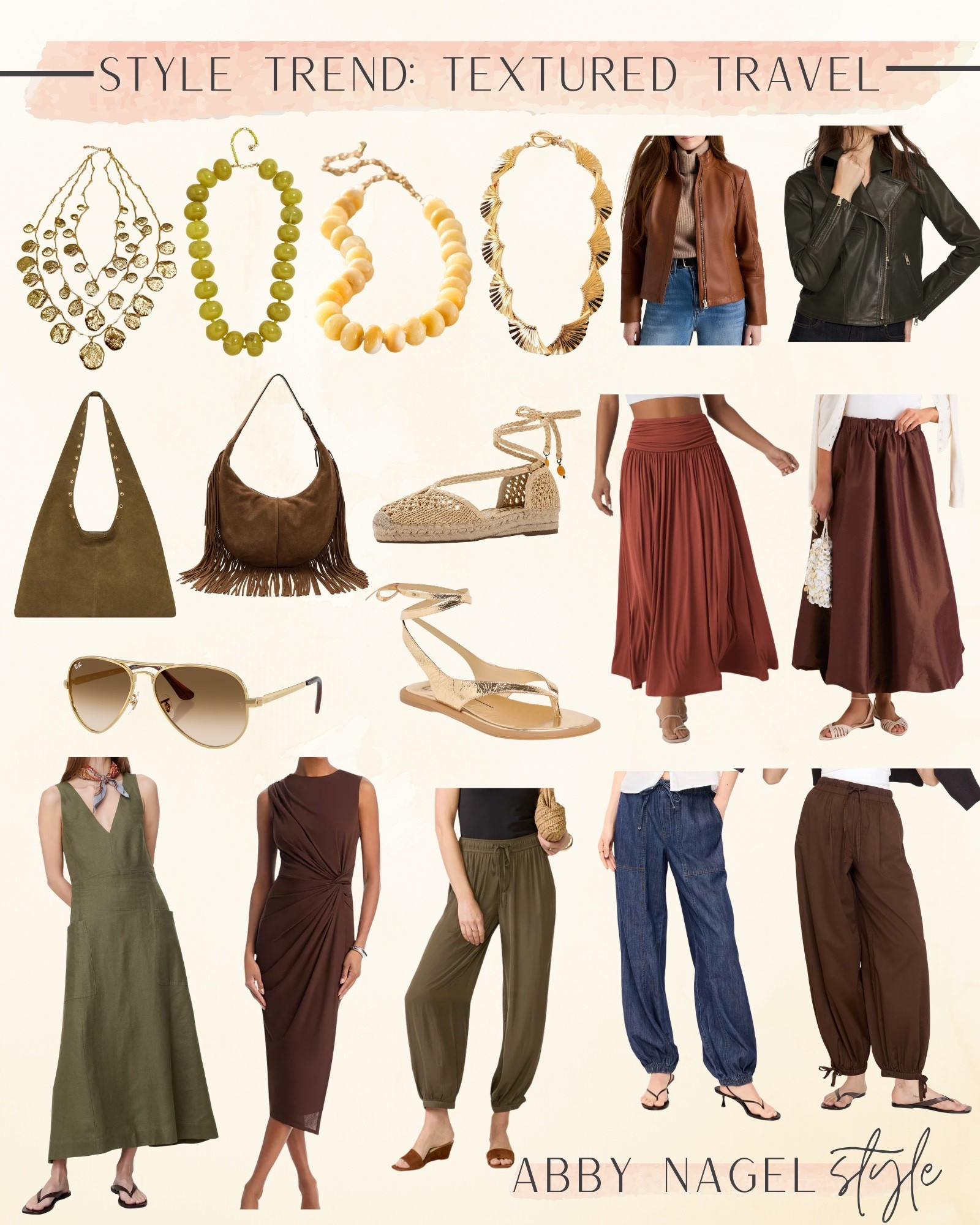 Think… balloon pants, voluminous skirts, aviators, slouchy bags, crafted, sandals, leather, suede, linen, slouchy, jersey, beaded necklaces, statement necklaces!