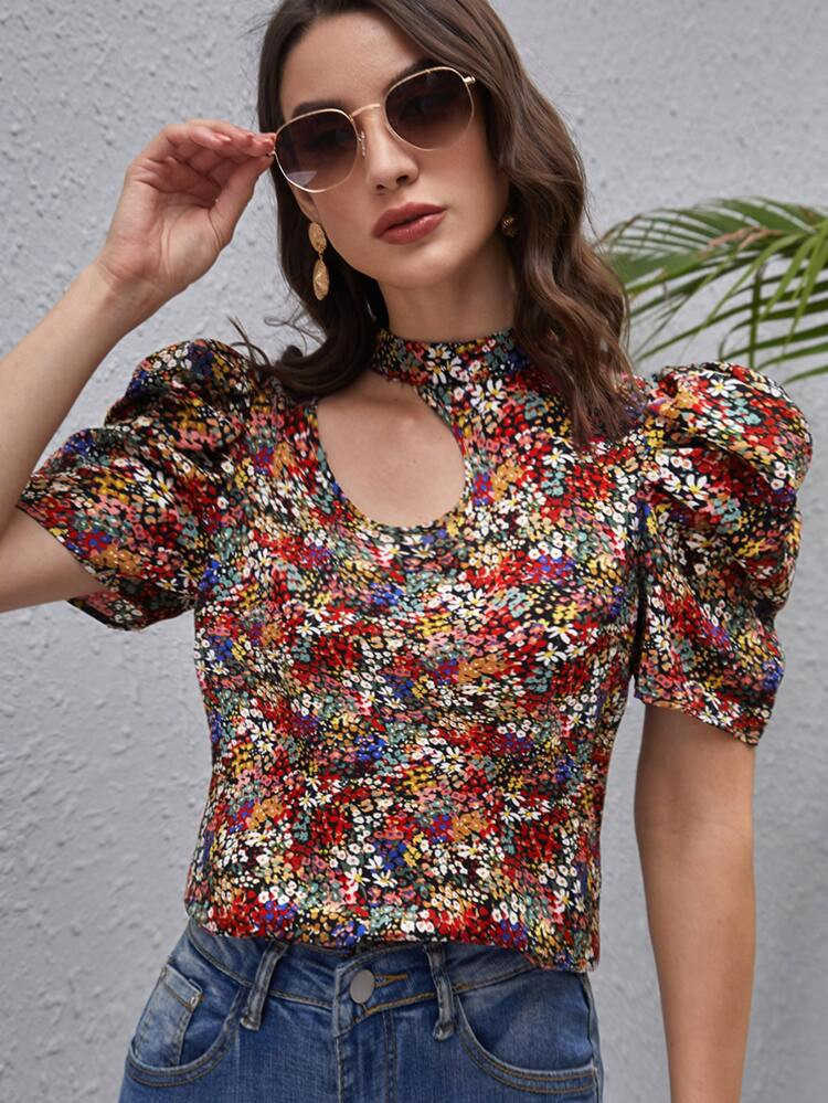 SHEIN Ditsy Floral Cut Out Detail Top | SHEIN