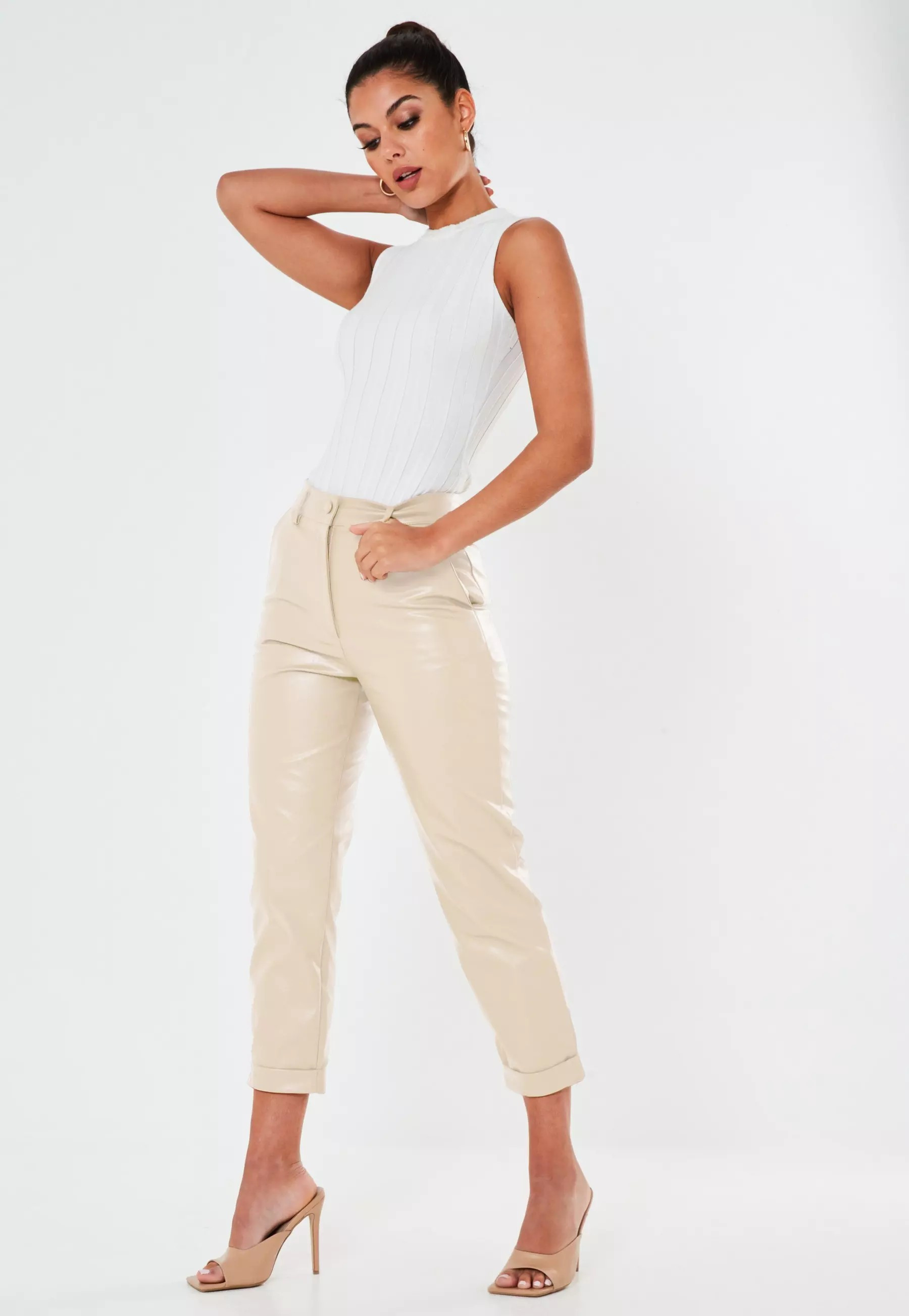 Cream Faux Leather Turn Up Cigarette Pants | Missguided (US & CA)