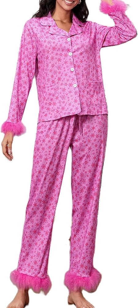 KMBANGI Women Feather Trim Pajama Set Long Sleeve Button Up Top Pants 2Piece Lounge Set Satin Pj ... | Amazon (US)