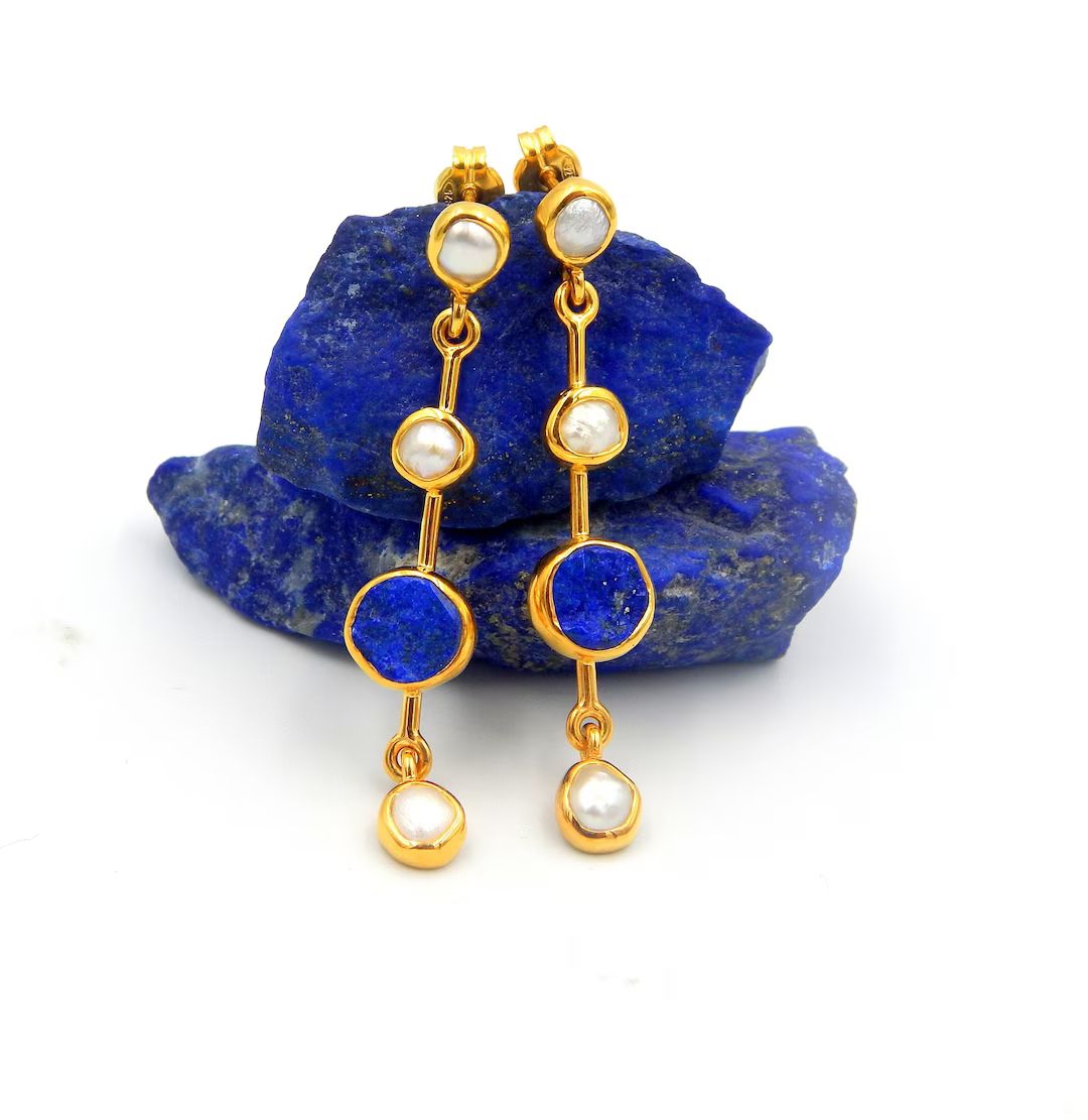 Lapis Lazuli Pearl Dangle Earrings Rough Raw - Etsy | Etsy (US)
