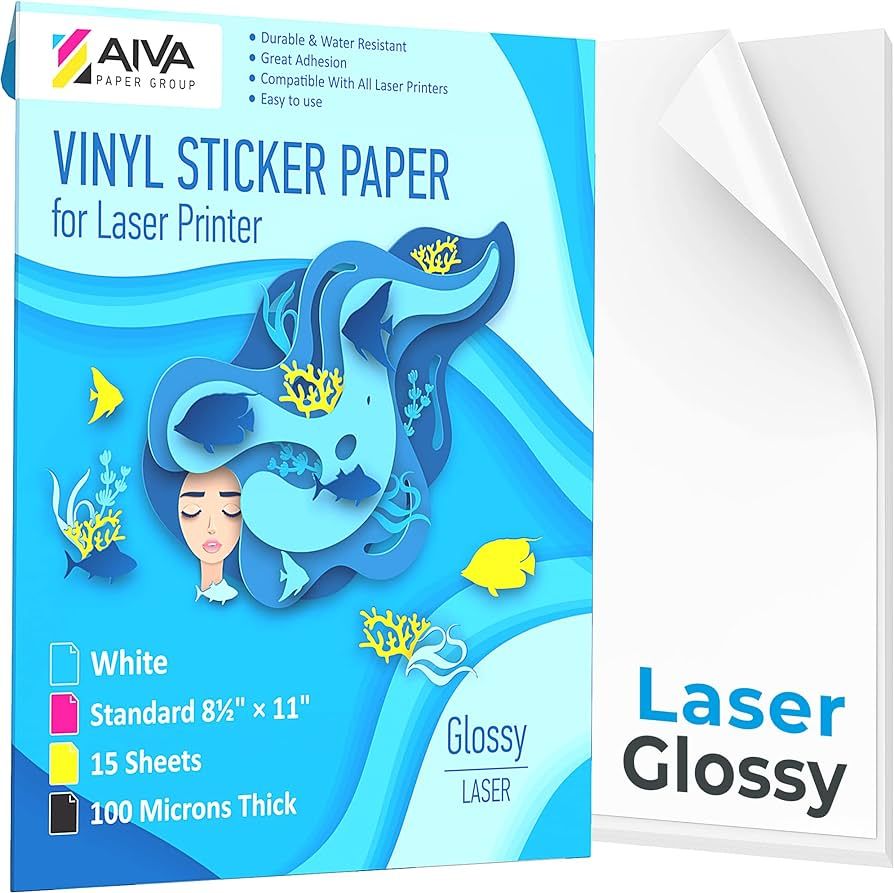 Printable Vinyl Sticker Paper for Laser Printer - Glossy White - 15 Self-Adhesive Sheets - Waterp... | Amazon (US)