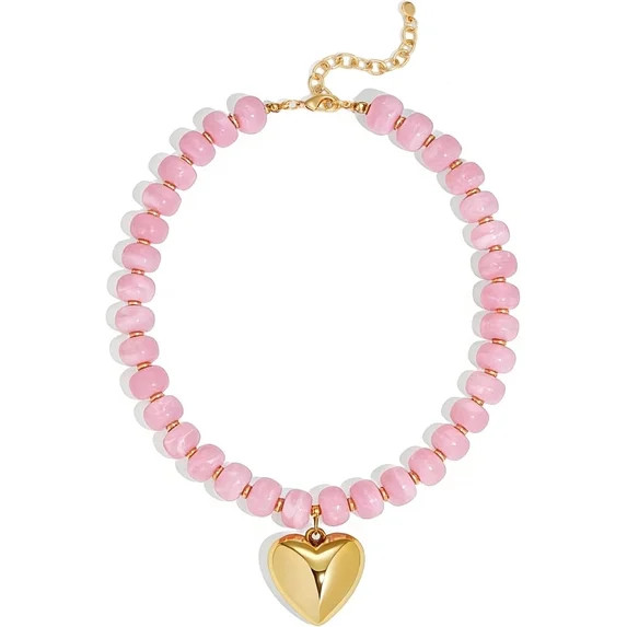 SUETOR Chunky Heart Necklaces for Women Colorful Resin Beaded Choker Necklace Gold Puffy Heart St... | Walmart (US)