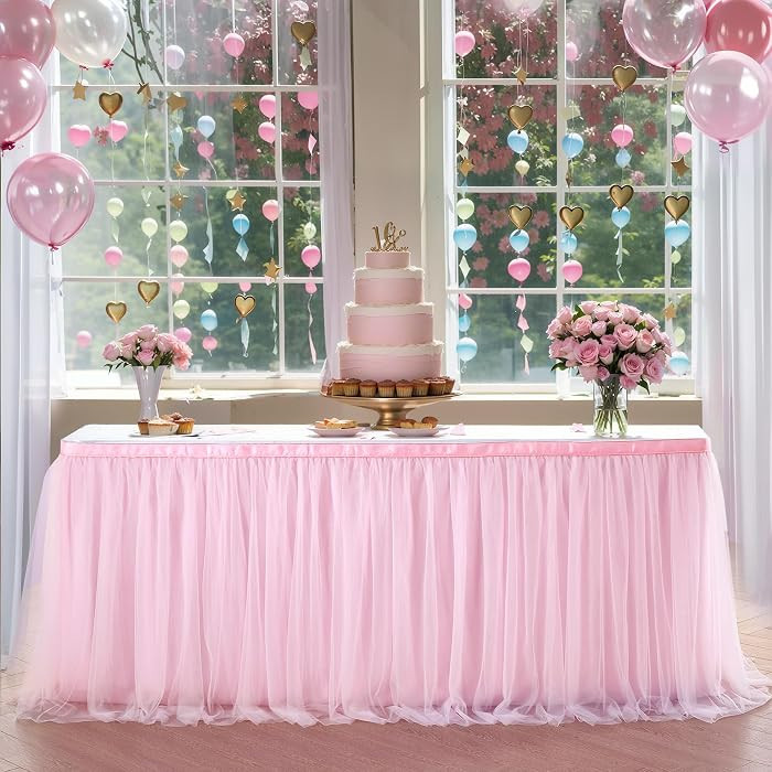 6ft Pink Tulle Table Skirt Baby Shower Tablecloth for Rectangle Tables or Round Tables Pink Ruffl... | Amazon (US)