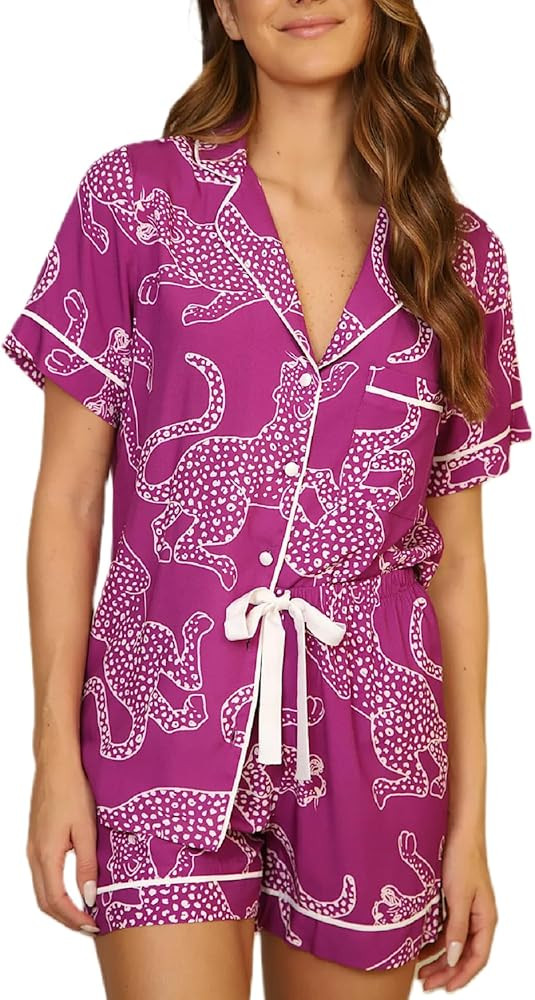 Women Cute Animal Print Pajama Set Short Sleeve Button Down Shirt Lounge Shorts Set Y2k Cartoon 2... | Amazon (US)