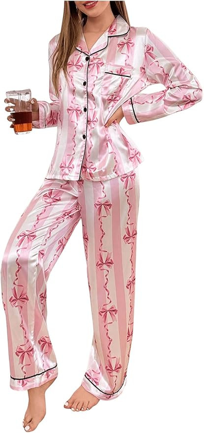 WDIRARA Women's 2 Piece Bowknot Print Satin Pajama Set Long Sleeve Button Down Lounge Pants Sleep... | Amazon (US)