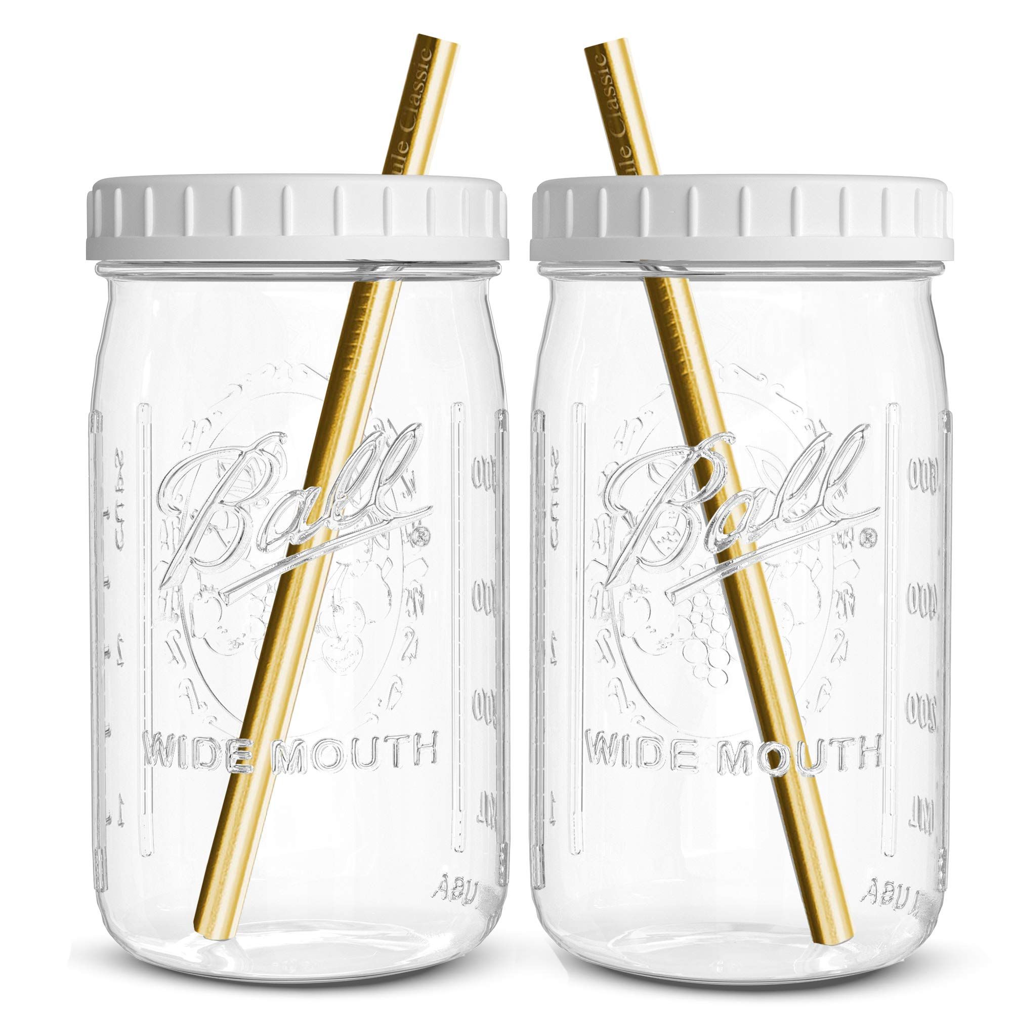 Reusable Wide Mouth Smoothie Cups Boba Tea Cups Bubble Tea Cups with Lids and Gold Straws Ball Mason | Amazon (US)