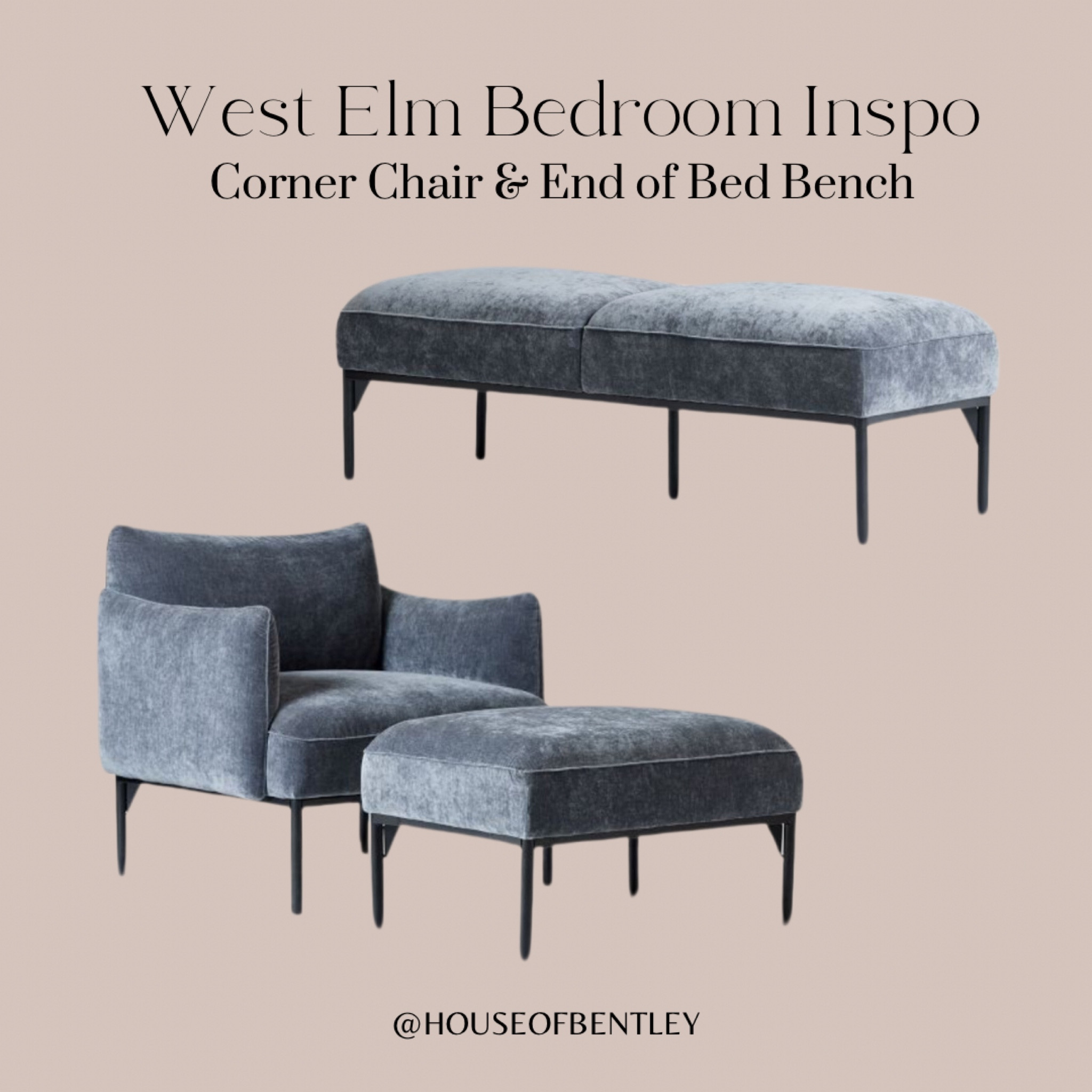 Cozy corner reading chair for our primary | master bedroom makeover. Ottoman for lounging like a chaise. Matching end of bed bench in gray blue slate color velvet soft material at West Elm. Penn chair inspo  

#LTKStyleTip #LTKHome #LTKFamily