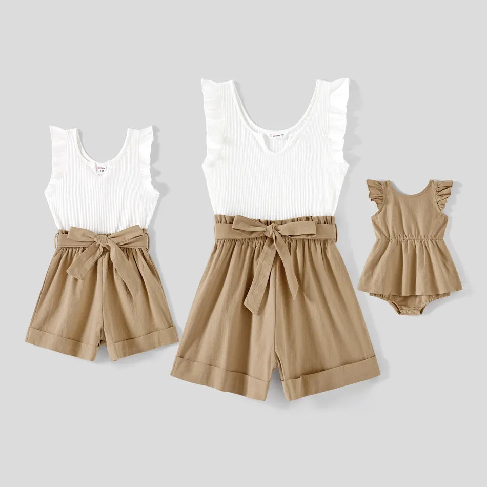 Mommy and Me 95% Cotton Solid Spliced Notched Neck Flutter-sleeve Rompers | PatPat