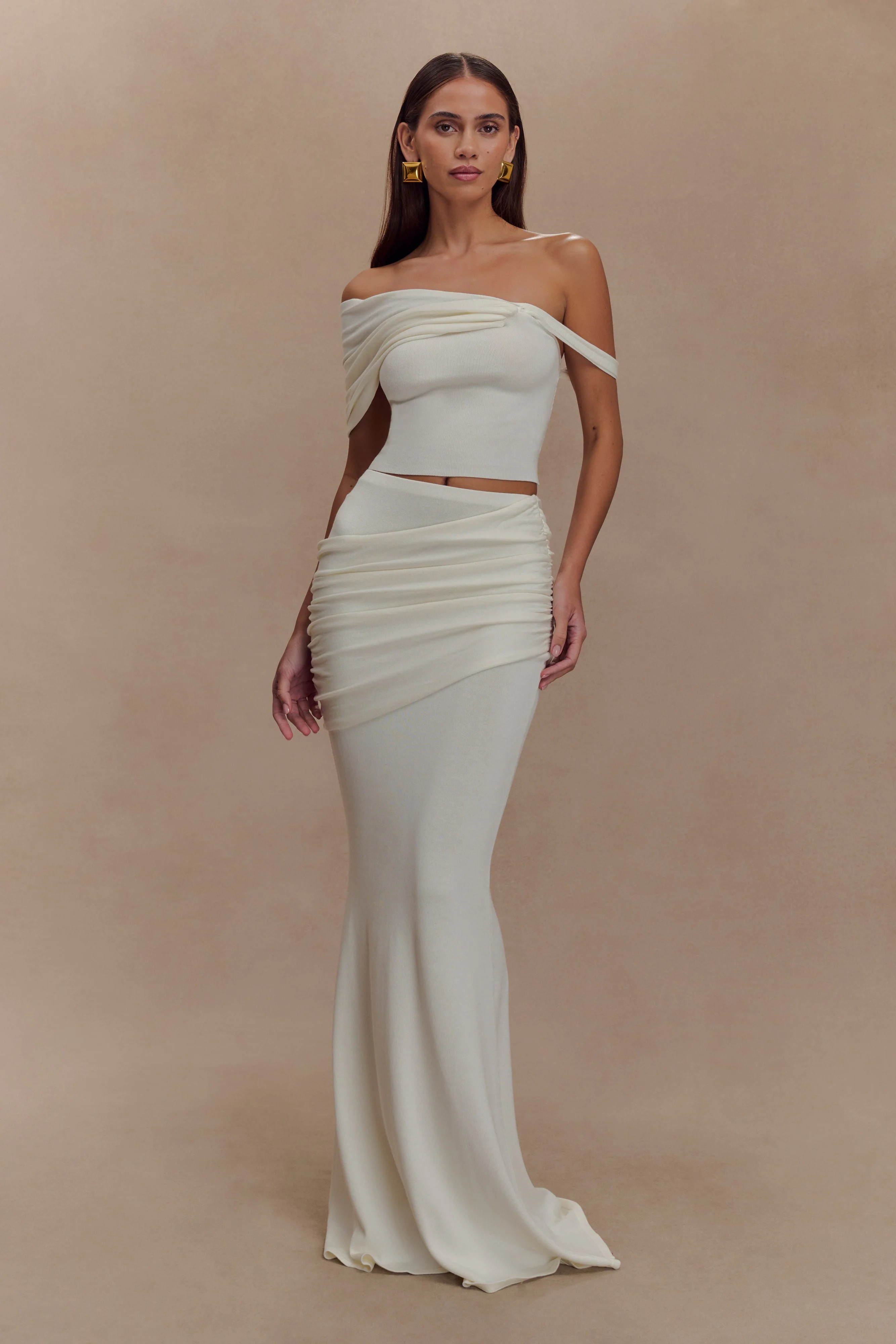 Irene Gathered Knit Maxi Skirt - Ivory | Meshki UK