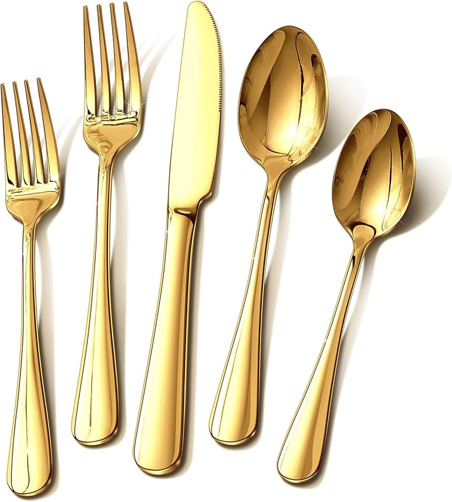 Gold Silverware Set for 8, 40 Piece Food-Grade Stainless Steel Flatware Set, Rust-proof Mirror Po... | Amazon (US)