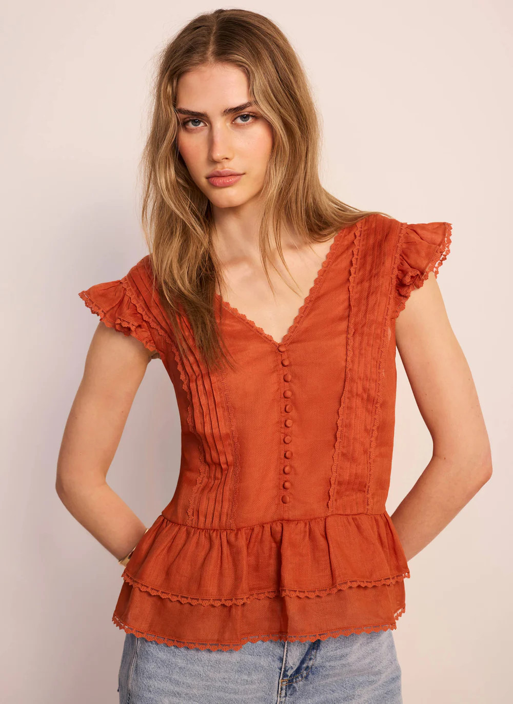 Orange Ramie Ruffle Detail Blouse | Mint Velvet