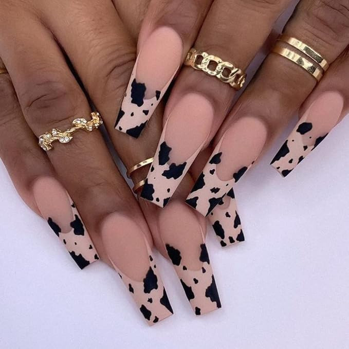 KXAMELIE Matte Nude Extra Long Press on Nails Pink,Cute Cow Pattern Full Cover Pink French Baller... | Amazon (US)