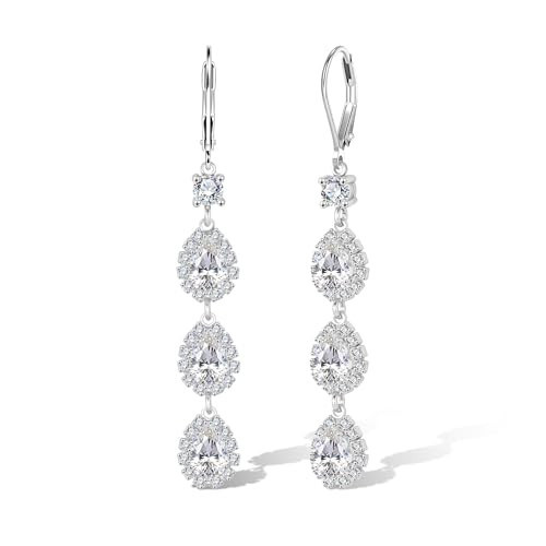 ALEXCRAFT Long Sterling Silver Drop Earrings for Women Trendy Hypoallergenic Elegant Silver Cubic Zirconia Teardrop Dangle Leverback Earring Long Dangling Chandelier Earrings Brides Wedding Jewelry | Amazon (US)