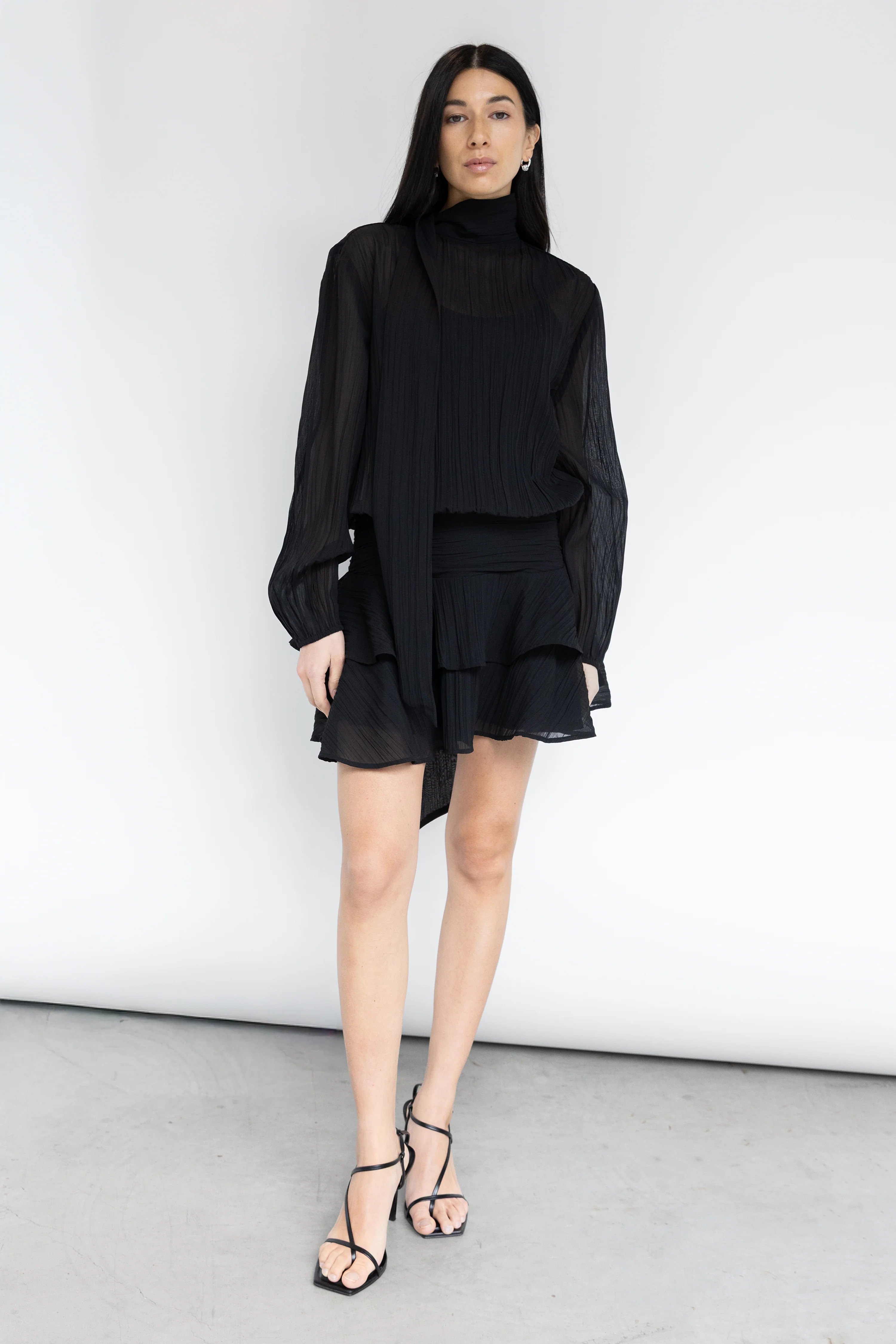MOCKNECK LONG SLEEVE SHEER RUFFLED MINI DRESS | OAK + FORT