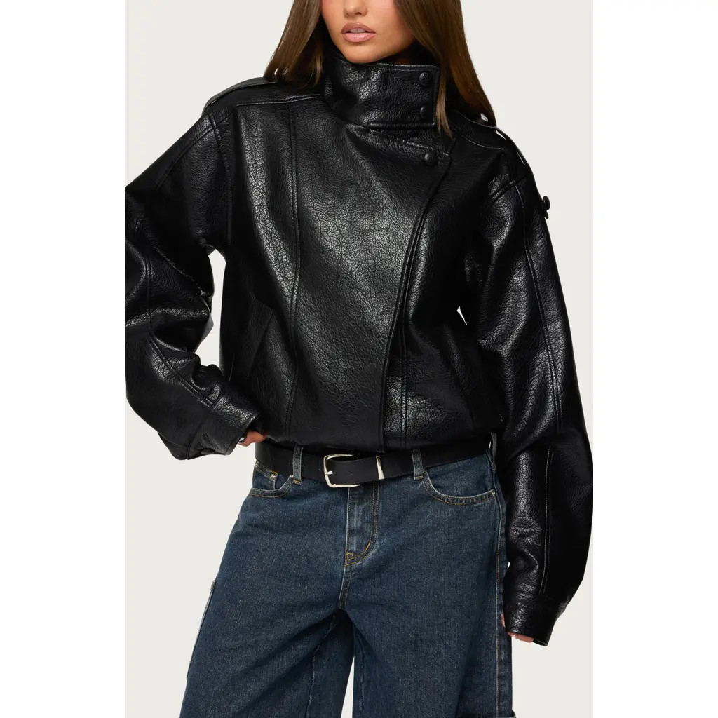 EDIKTED Jaicee Stand Collar Faux Leather Jacket in Black at Nordstrom, Size Medium | Nordstrom