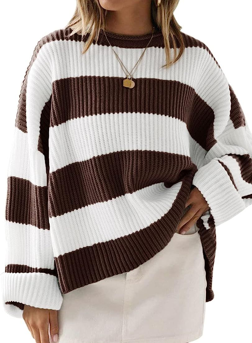 ZESICA Women's Long Sleeve Crew Neck Striped Color Block Comfy Loose Oversized Knitted Pullover S... | Amazon (US)