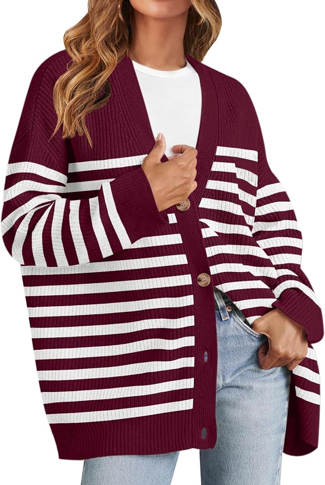 MEROKEETY Women's Oversized Striped Cardigan Sweaters 2024 Open Front Button V Neck Knit Outerwea... | Amazon (US)
