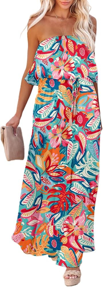 Dokotoo Womens Strapless Dresses Casual Summer High Waist Side Split Flowy Boho Maxi Dress | Amazon (US)