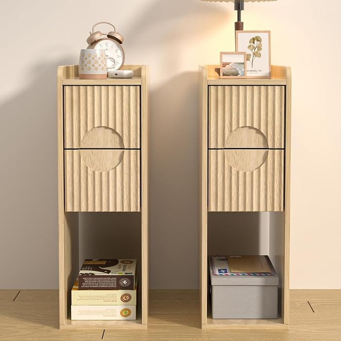 Small Fluted Nightstand Set of 2, Wood 2 Drawer Narrow Nightstand, Slim Side Table, Modern Boho E... | Amazon (US)