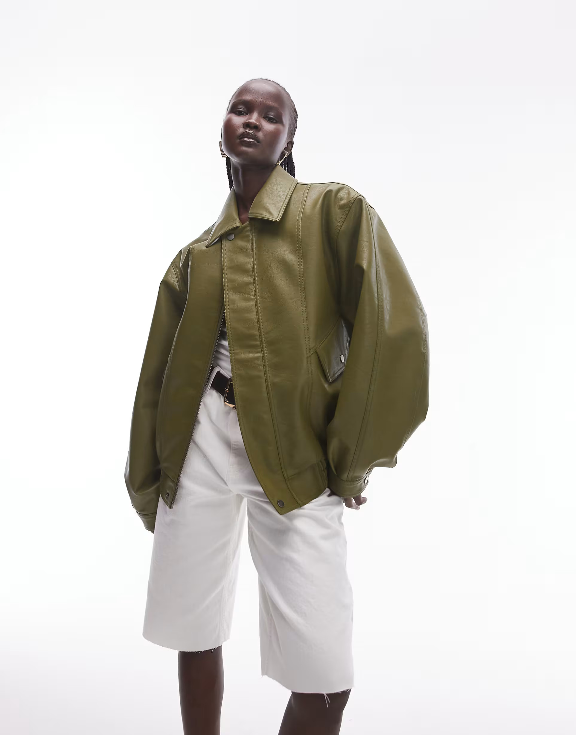 Topshop faux leather bomber jacket in khaki | ASOS | ASOS (Global)