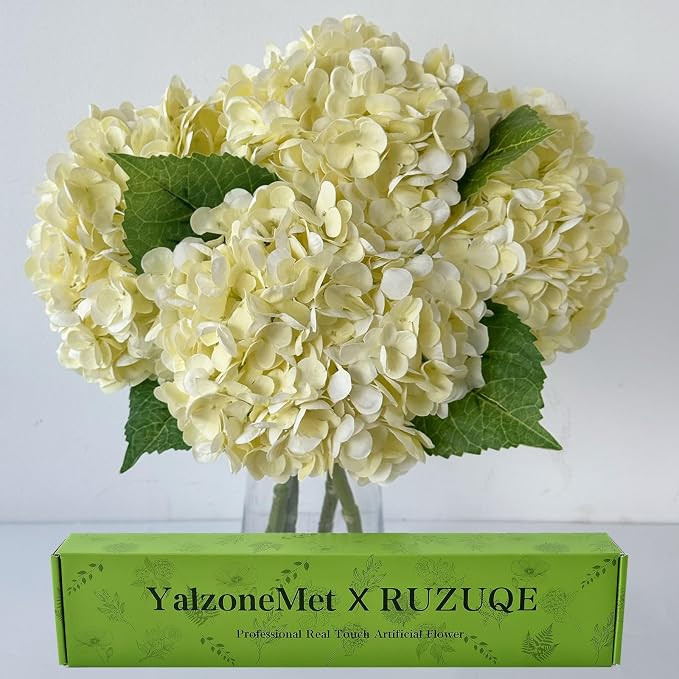 YalzoneMet 4 PCS Beige Creamy Hydrangea Artificial Flowers 21 inches Real Touch Faux Latex Hydran... | Amazon (US)