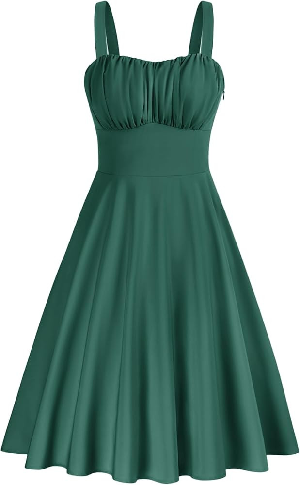 Belle Poque Women's Vintage Sleeveless Solid Floral Ruched Summer Cute A-Line Flowy Swing Midi Dr... | Amazon (US)