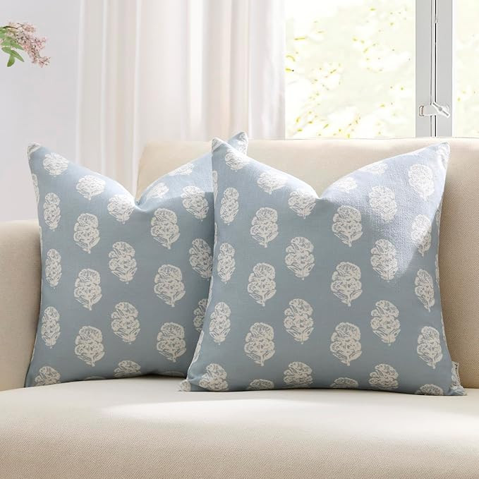 Meekio Set of 2 Light Blue Pillow Covers with White Floral Block Print 18 x 18 inches Linen Throw... | Amazon (US)