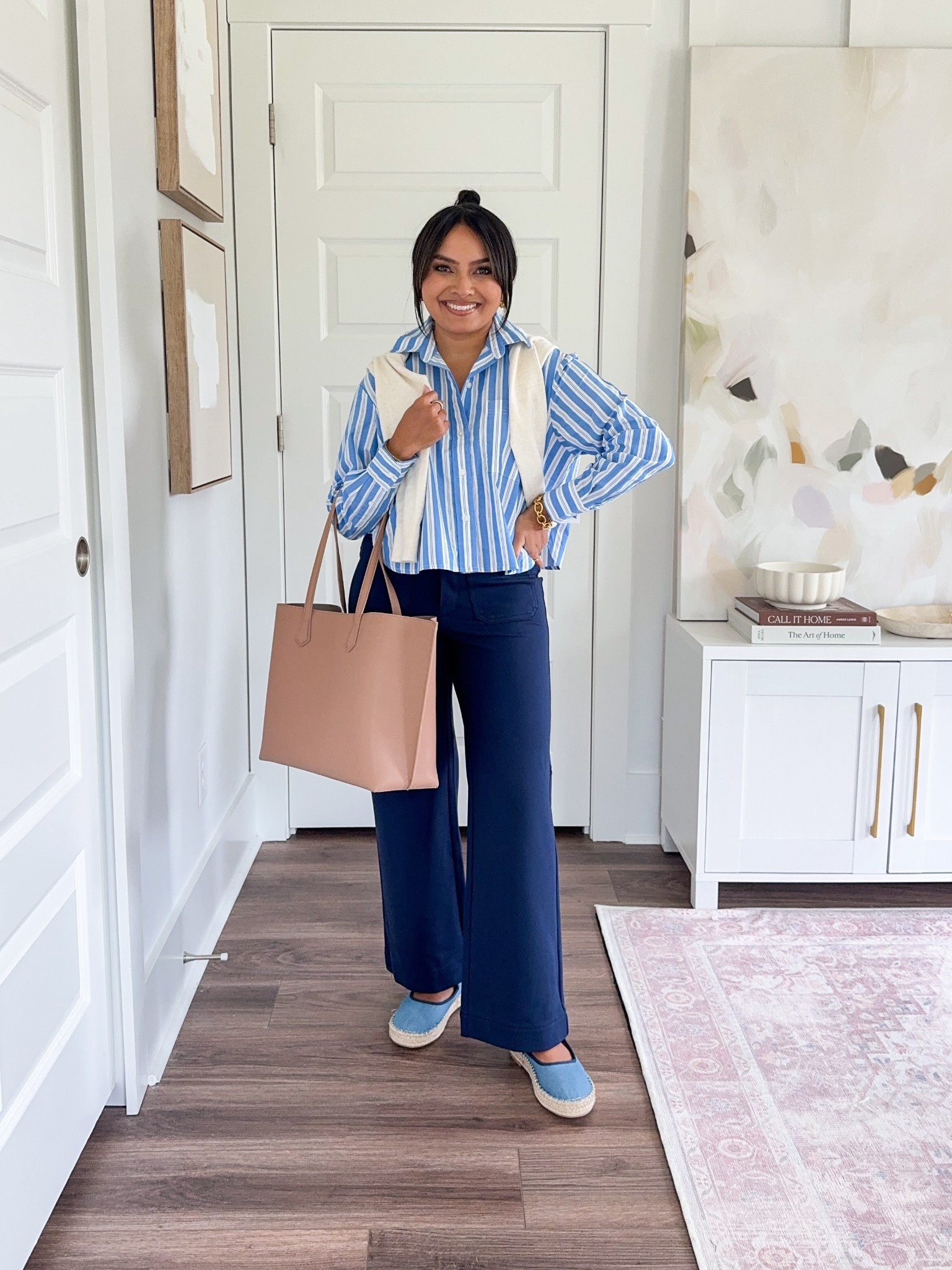 Blue stripe button down top size xs petite TTS
Cardigan size xs petite TTS
Navy pants size 2 petite TTS
Blue flats size 5 TTS


#LTKPetite #LTKSaleAlert #LTKWorkwear