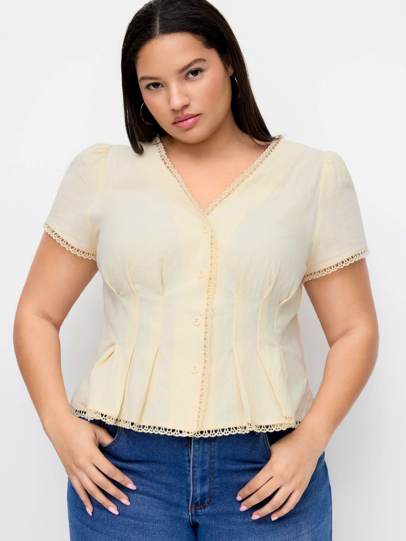 Woven 100% Cotton V-neck Pleated Ruffle Hem Blouse Curve & Plus For Vacation | Cider