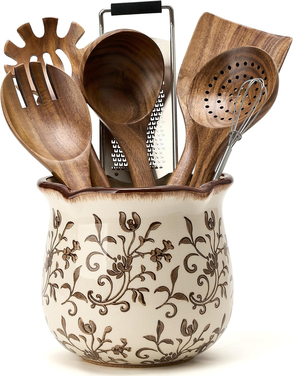 5.75" H Brown Wide Cooking Utensil Holder for Kitchen Counter, Modern Farmhouse Rustic Utensil Holder and Crock Home Kitchen Decor, Vintage Chinoiserie Floral Ceramic Utensil Organizer | Amazon (US)