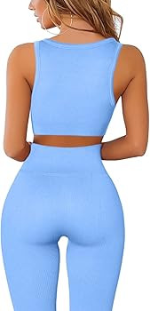 QINSEN Workout Outfits for Women 2 Piece Ribbed Seamless Crop Tank High Waist Yoga Leggings Sets | Amazon (US)