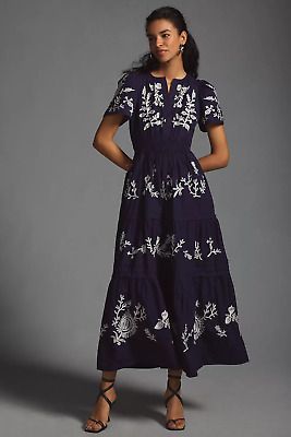 NWT Anthropologie Navy Blue & White Embroidered Somerset Maxi Dress | eBay US