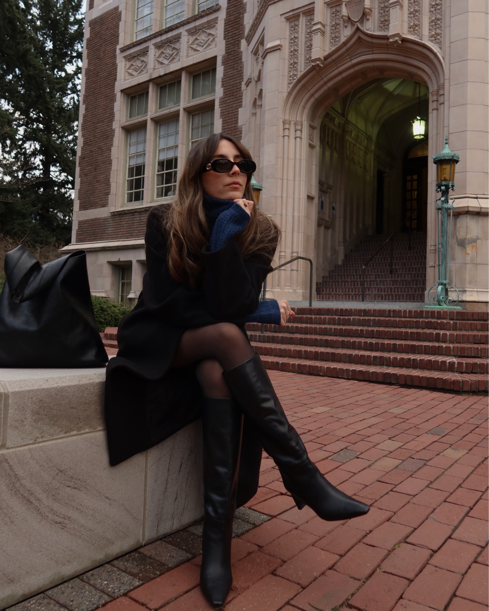 Transitional outfit, office outfits, black leather knee high boots, Gucci black sunglasses , Massimo Dutti, navy cable knit, navy wool knit, turtleneck jumper, spring outfit  

#LTKshoecrush #LTKstyletip #LTKeurope