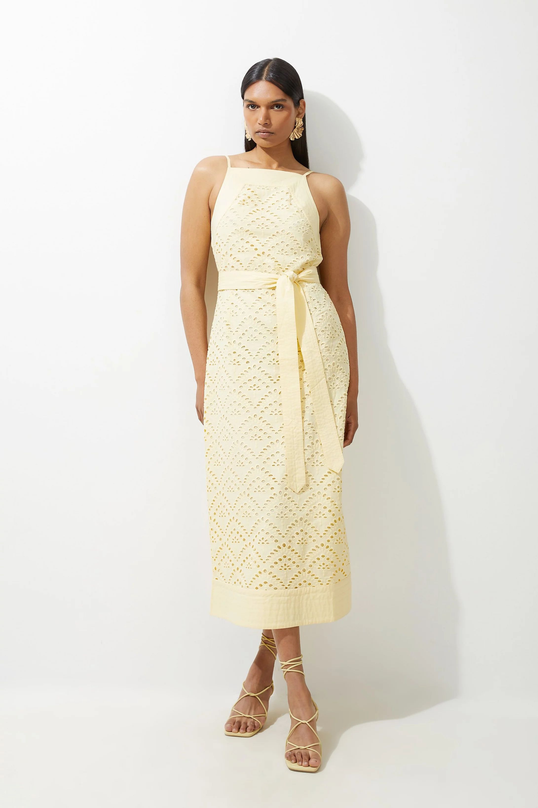 Cotton Broderie Woven Belted Midaxi Dress | Karen Millen US