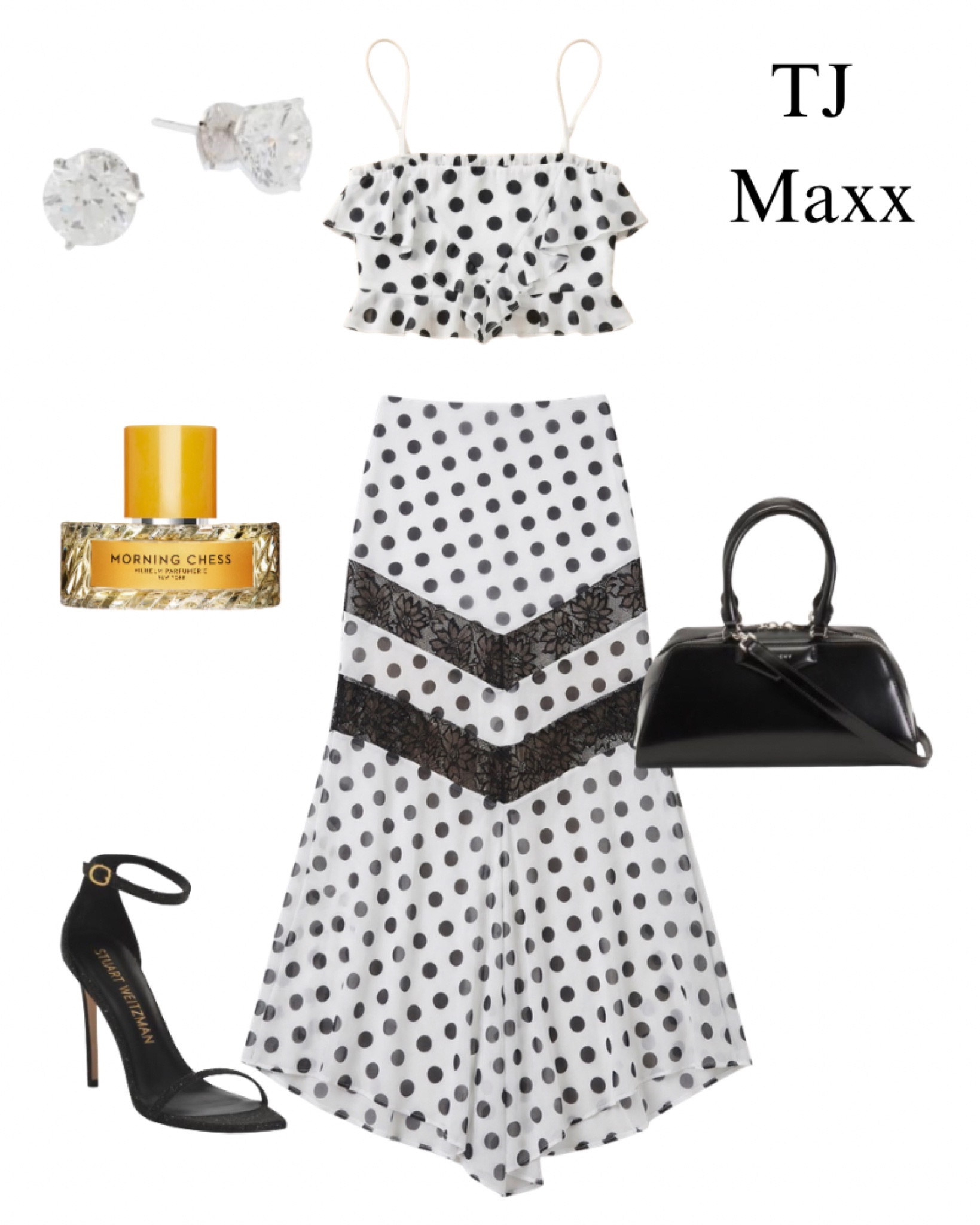 Polkadot crop top, maxi skirt, designer, fragrance, heels, black purse, diamond, earrings, date, night, summer, TJ Maxx sale.

#LTKootd #LTKBeauty #LTKSaleAlert