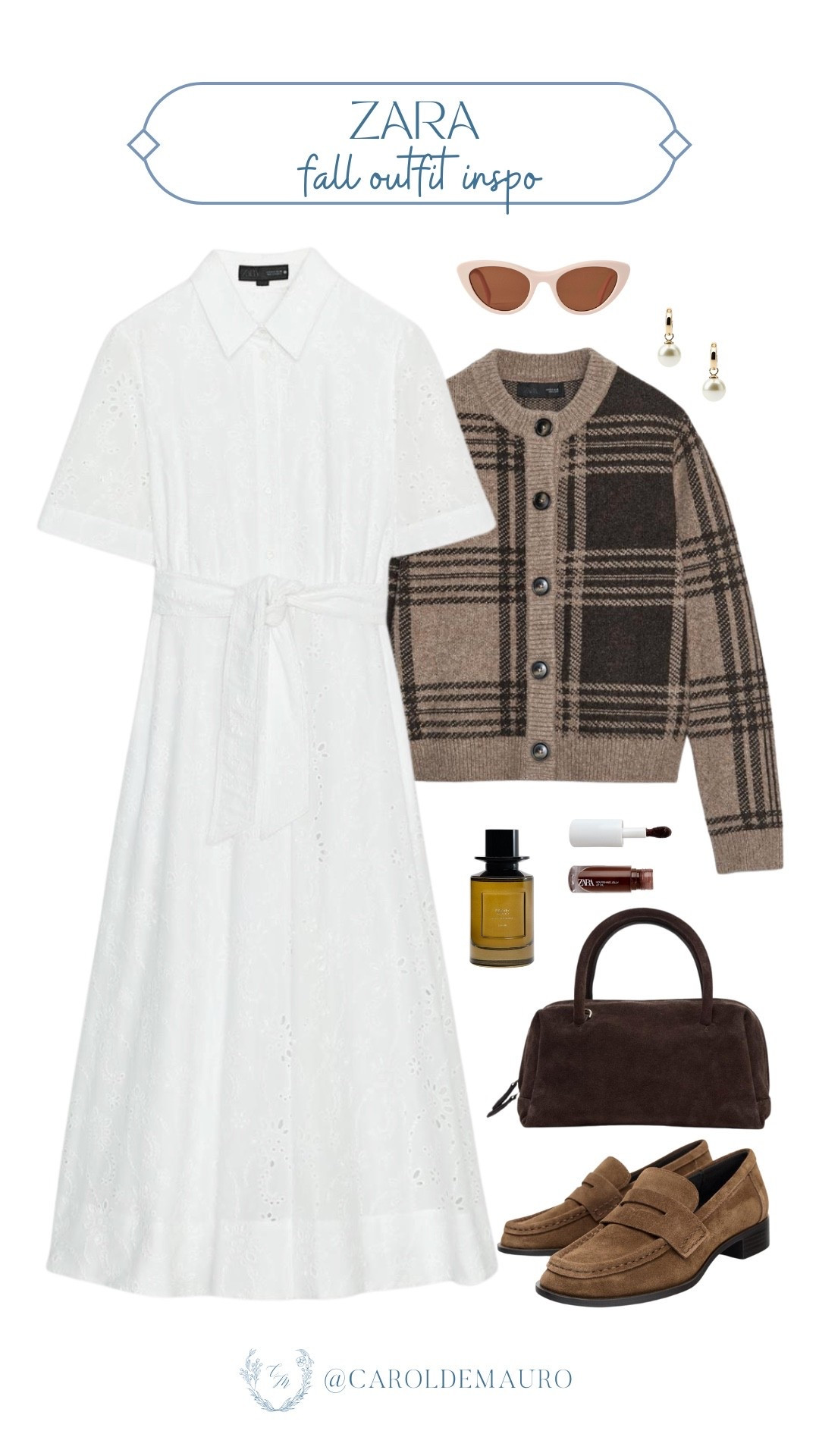 My ideal fall uniform from Zara! A beautiful white dress paired with a plaid cardigan, loafers, and a chic bag. It's effortless, timeless, and chic!

vacation outfit, travel wardrobe, cozy look, classy style, fall accessories, autumn outfit, suede finds, minimalist aesthetic

#LTKStyleTip #LTKSeasonal #LTKU
