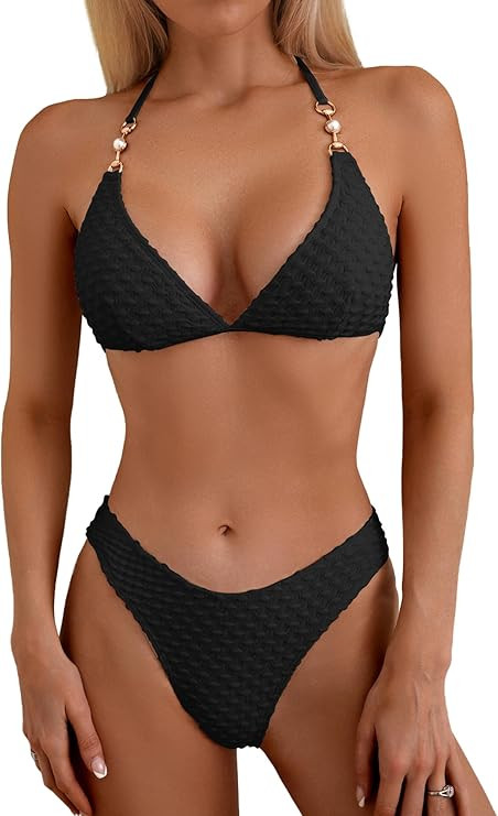 swimall Women's Triangle Bikini Set Cheeky High Cut Sexy Two Piece Swimsuit Cute Halter Bathing S... | Amazon (US)