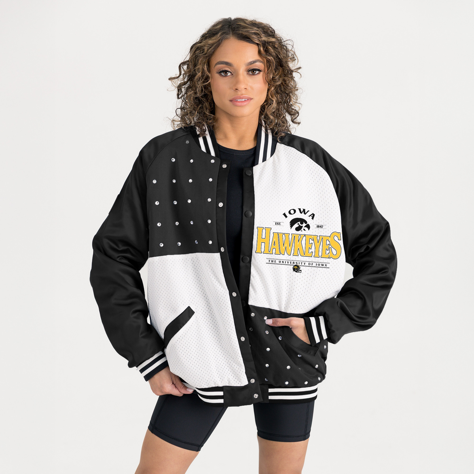 Women's Gameday Couture Black Iowa Hawkeyes Oversized Inner Drive Varsity Rhinestone Full-Snap Bomber Jacket | Fanatics