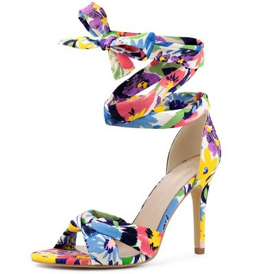 Perphy Women's Floral Printed Twist Lace Up High Stiletto Heels Sandals Blue White 9 | Target