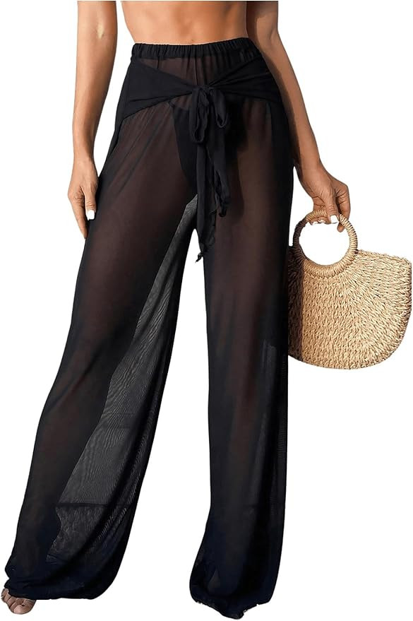 Women's Sheer Mesh Tie Front Bathing Suit Cover Up Pants Wide Leg Loose Swimsuit Cover Up Beach P... | Amazon (US)
