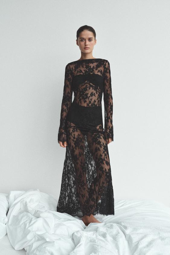 LONG LACE DRESS WITH BACK NECKLINE | Zara UK