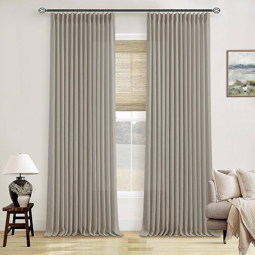 Flax Burlap 90 Inch Pinch Pleated Linen Curtains 2 Panel Set for Living Room Thick Linen Textured... | Amazon (US)