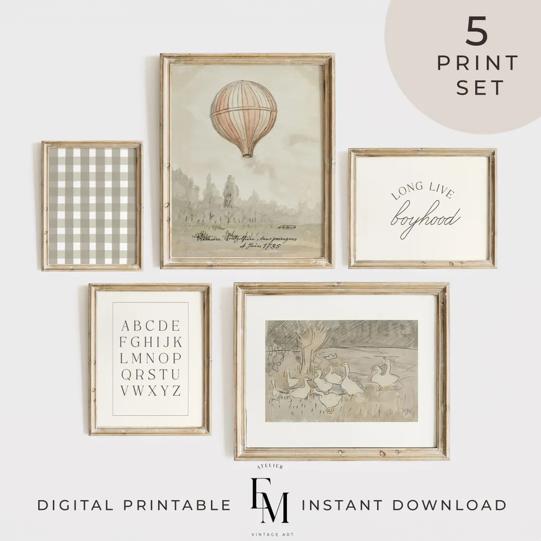 Hot Air Balloon Vintage Gallery Wall Art Boy Nursery Wall Set of 5 Boy Room Print Set Adventure N... | Etsy (US)