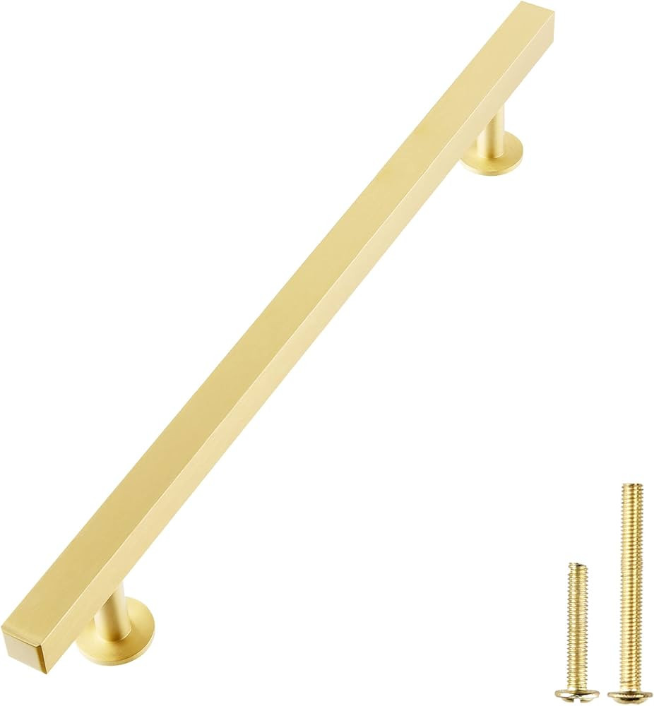 QOGRISUN 2-Pack Solid Brass Cabinet Handles, Gold Square T Bar Cabinet Pulls,15-1/8 Inch Hole Cen... | Amazon (US)
