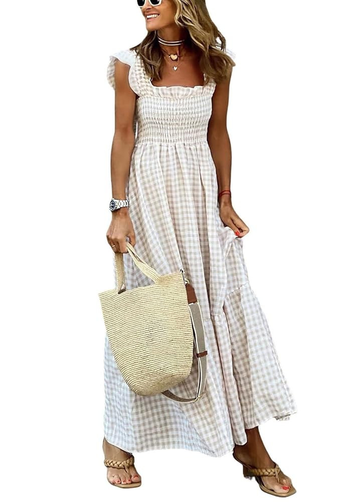 Women's Sleeveless Strap Retro Plaid A-Line Smocked Maxi Long Dress with Ruffled Hem | Amazon (US)