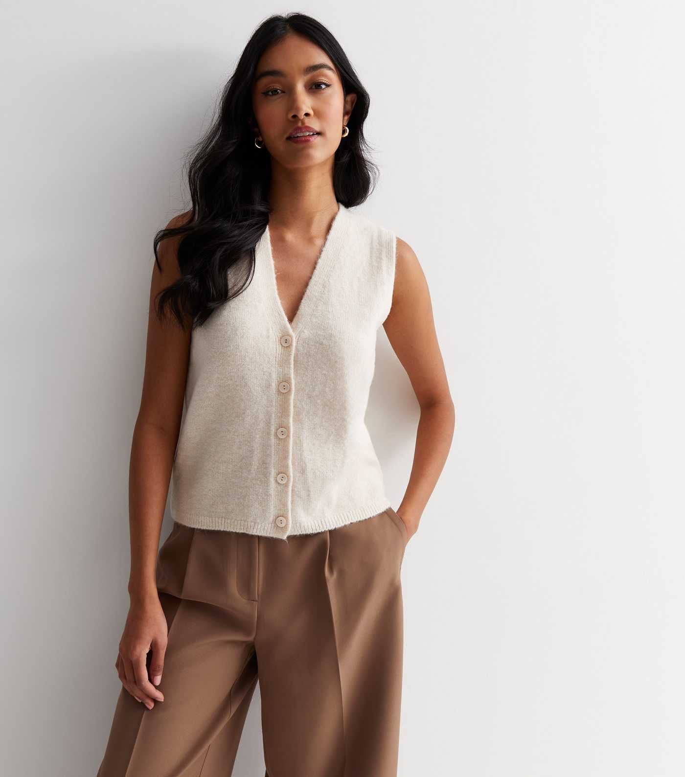 Cream Knit Button Front Vest | New Look | New Look (UK)