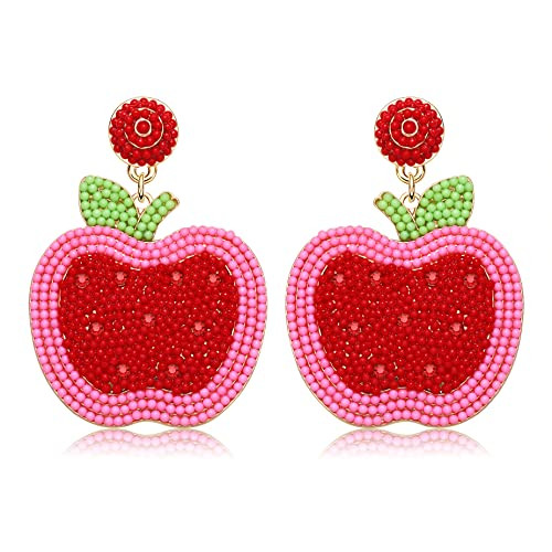 Beaded Teacher Earrings for Women, Apple Teach love Inspire Rhinestone Enamel Drop Dangle Earrings Colorful Creative Teachers Appreciation Day Back To School Jewelry Gifts (pink red apple) | Amazon (US)