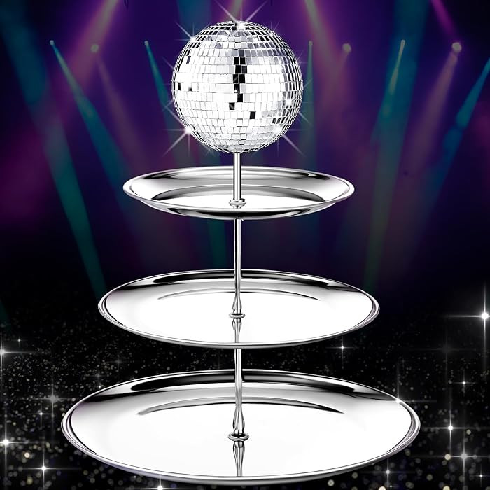 Layhit Disco Cupcake Stand 3 Tier Silver Glitter Metal Cake Holder Reusable Disco Table Decoratio... | Amazon (US)