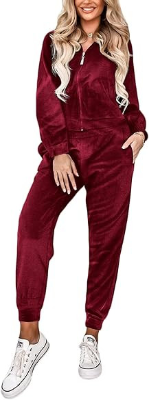 Ekouaer Women's Velour Sweatsuits Set Stand Collar 2 Piece Full Zip Tracksuits Loungewear Pajamas... | Amazon (US)